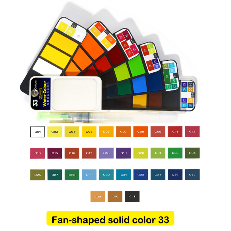 Superior 18/25/33/42- farvet ensfarvet vandfarve-malingssæt med sammenklappelig pensel bærbart akvarelpigment til kunstartikler: 33 farver sæt