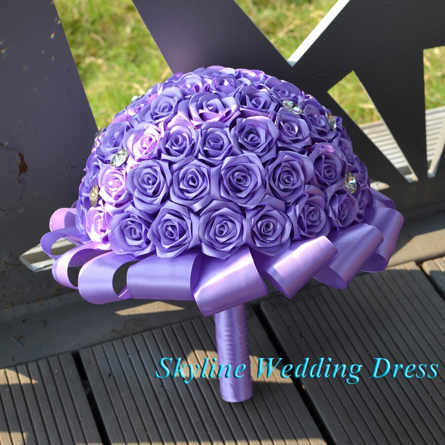 Real Photos Gorgeous Diamond Wedding flowers Light Purple Silk Bridesmaid Bridal Bouquets artificial Crystal Wedding Bouquet
