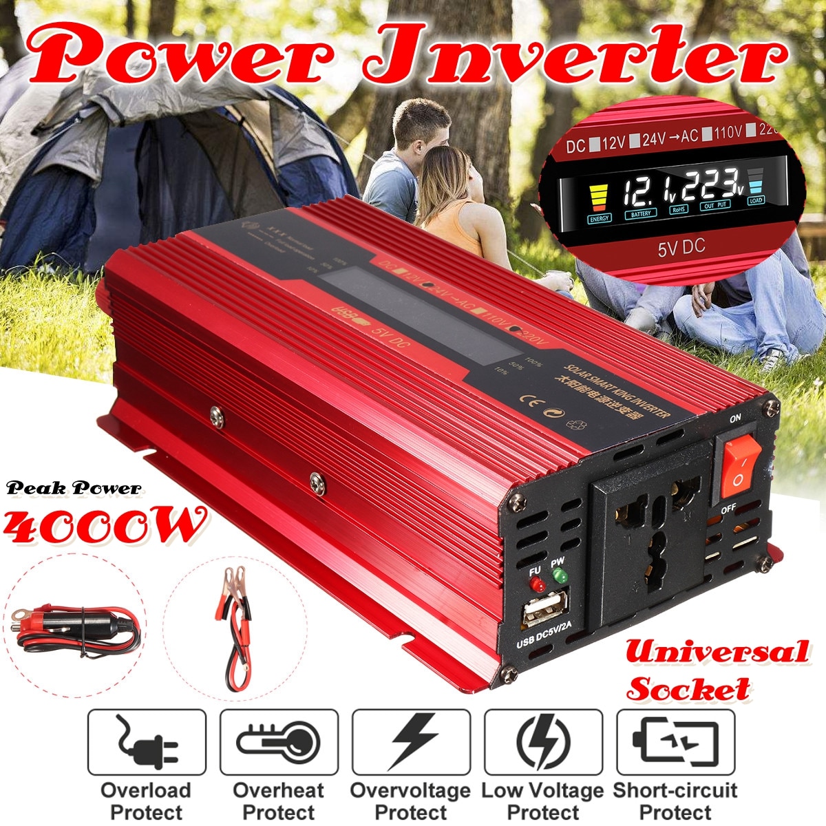 Auto Omvormer 12V 220V 4000W Piek Omvormer Voltage Converter Transformator 12 V/24 V 110 v/220 V Inversor Universele/US Plug