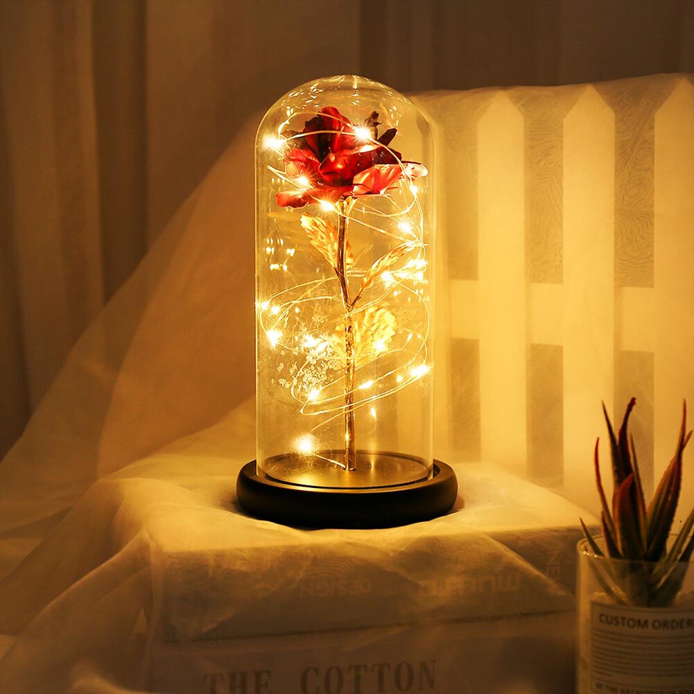 Eterna rosa flor a beleza e besta rosa em uma cúpula de vidro lâmpadas led decoração de casa casamento natal presente do dia dos namorados