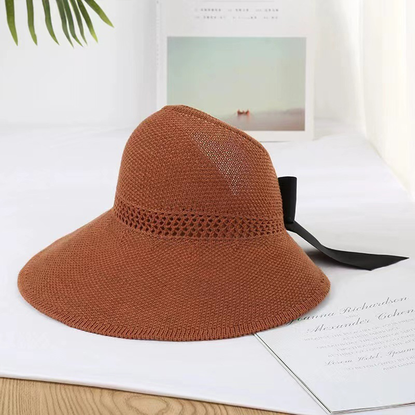 Foldable Women Wide Brim Straw Hat Breathable French Style Sun Hats with Bowknot for Outdoor Travel Photography