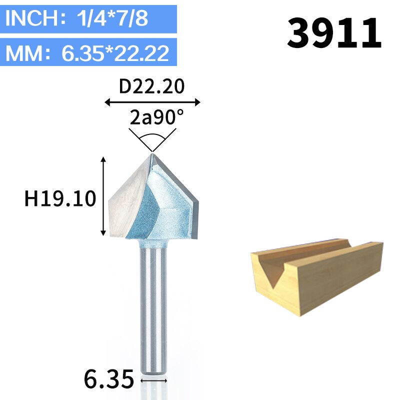 HUHAO 1 Uds 1/2 "1/4" vástago fresas de enrutador de grado Industrial para madera 90 Deg V tipo ranurado cortador de tungsteno herramienta de tallado de carpintería: 3911