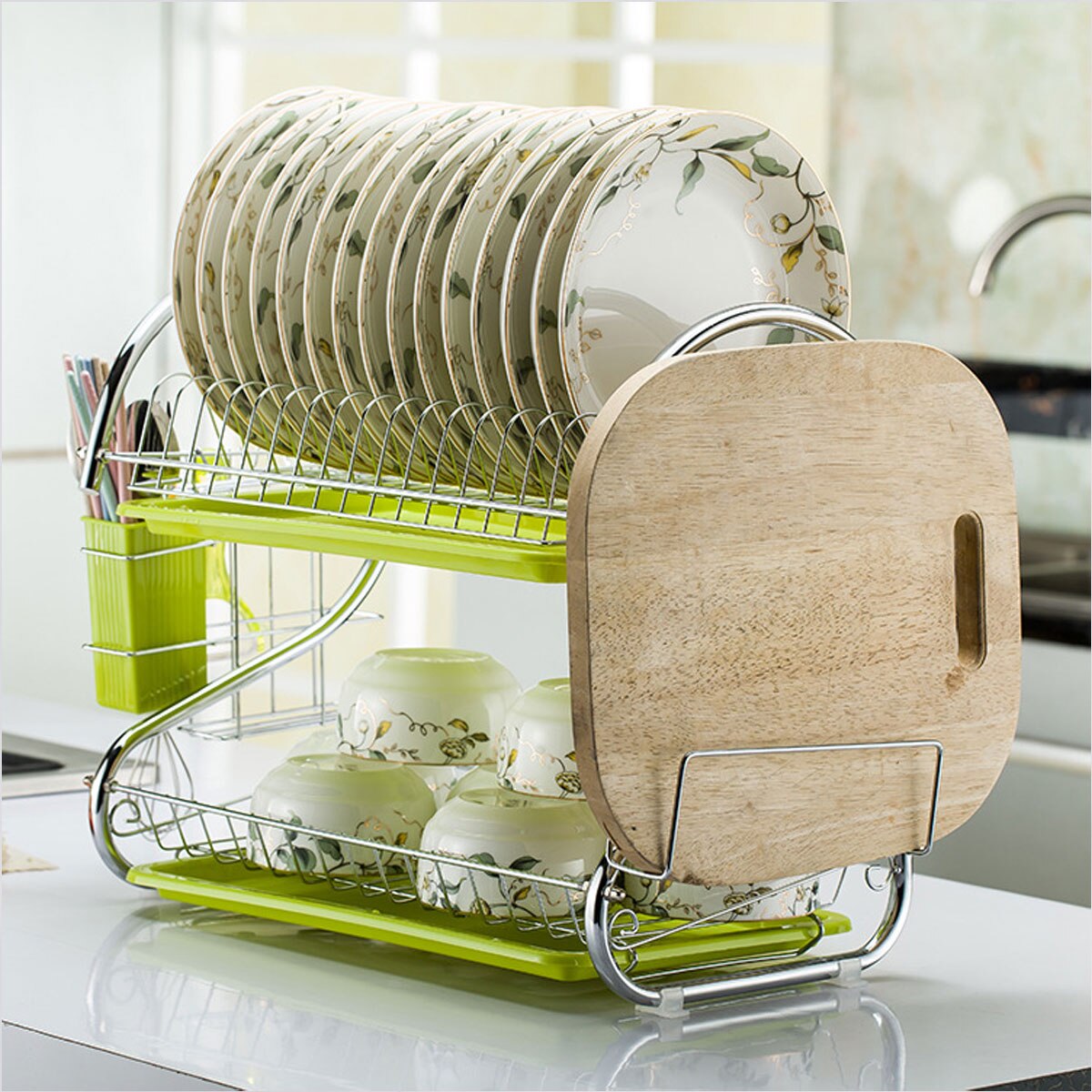 Estante de secado de platos de 2/3 niveles, cesta de hierro chapado, soporte para lavado del hogar, escurridor de platos para fregadero de cocina, estante organizador