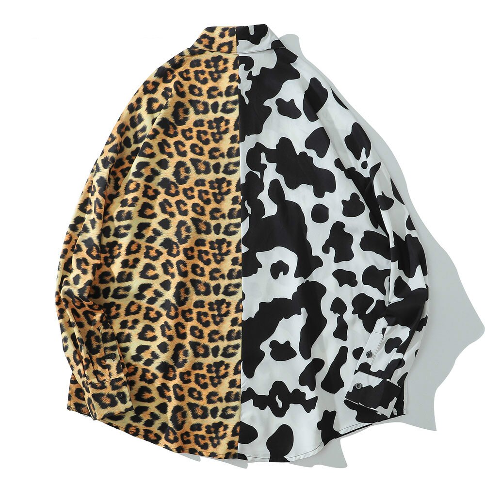 Homme chemise imprimé léopard vache bicolore à manches longues chemise hawaïenne plage fête streetwear Harajuku hip-hop décontracté haut ample