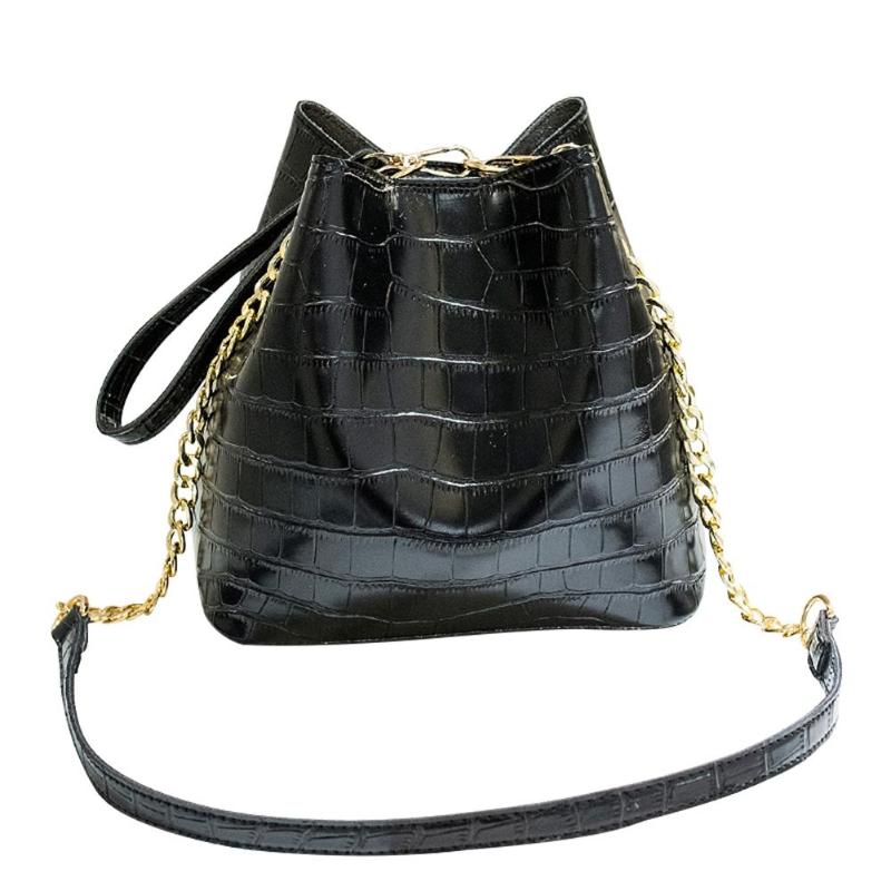 2pcs/set Alligator Pattern Shoulder Messenger Handbags Women PU Leather Bucket Crossbody Bags Solid Color Drawstring Clutch: Black