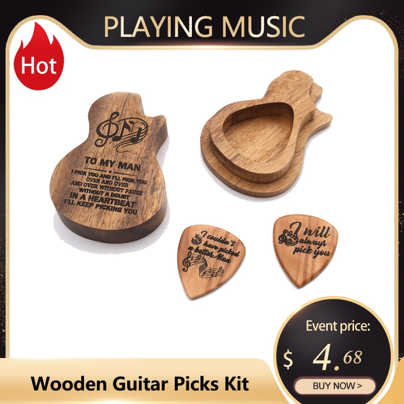Guitar Picks Iron Pick Box Holder Collector with 4pcs Different Wood Picks Mediator for Guitar Accessories & Parts guitar tool