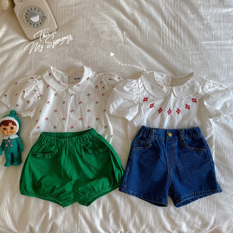 Deer jonmi 2022 Summer Baby Girls camicette carine manica corta ricamo stile coreano top camicie Casual per bambini