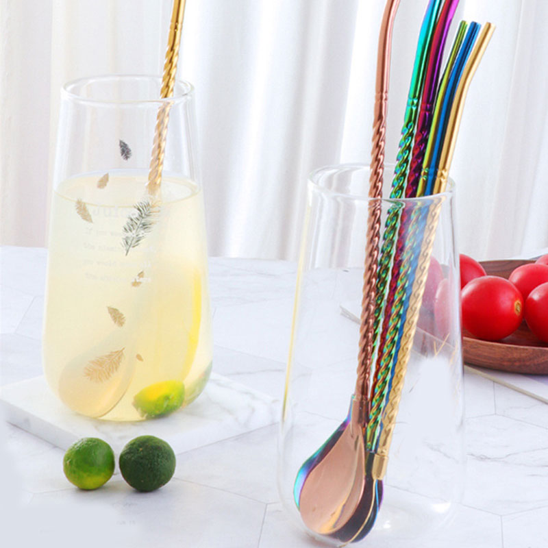 1Pc Lange Twisted Stro Lepel Draagbare Goud Thee Scoop Herbruikbare Gekleurde Rvs Rietjes Cocktail Koffie Roeren Lepel