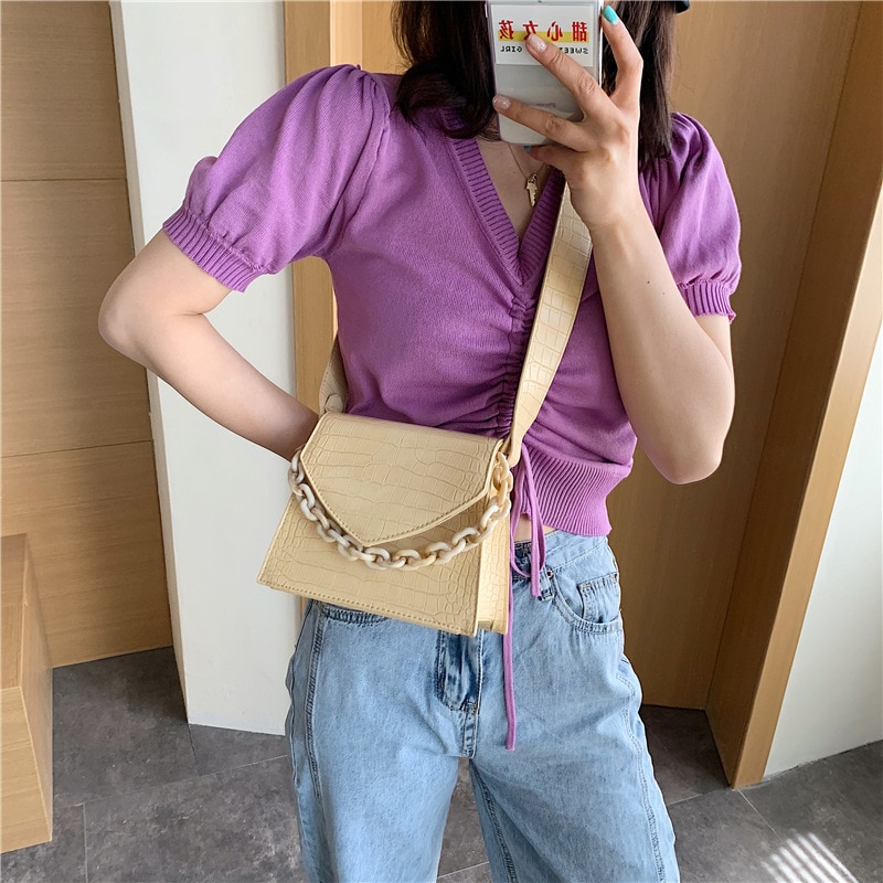 XZP Small Square Bag for Woman Paisley Portable Wild Shoulder Bag Messenger Handbag Crocodile Leather Purse Sac A Main