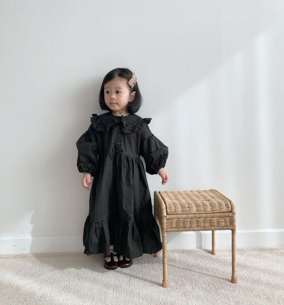 Lente- en herfstmeisjesjurk van katoen en linnen met lange mouwen en lotusbladkant voor prinsessen