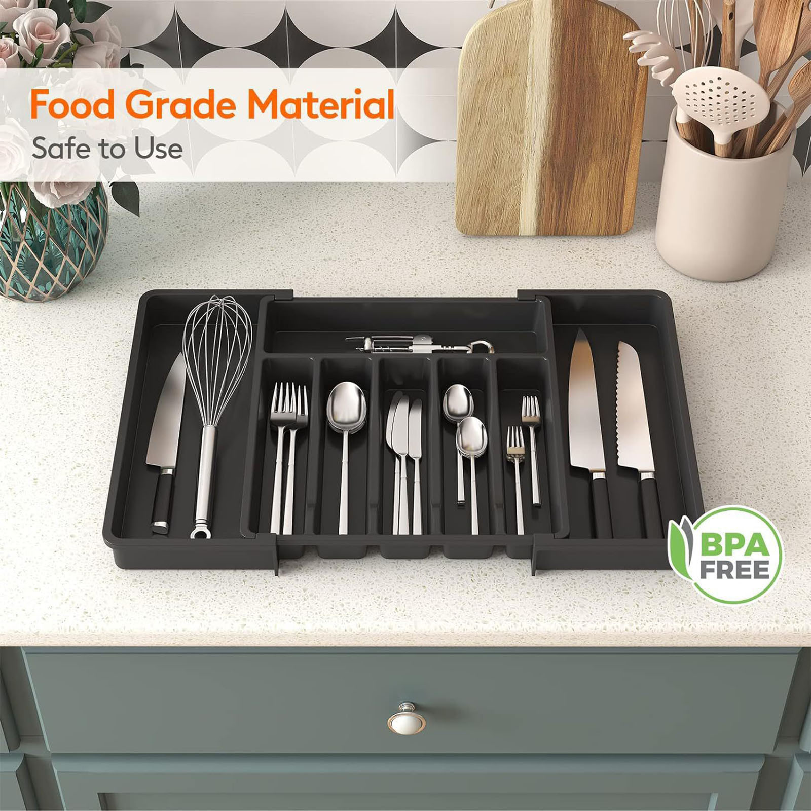 Organizador de cajones para cubiertos, bandeja de utensilios expandible para cocina, cubiertos ajustables y soporte para cubiertos para cucharas, tenedores y cuchillos