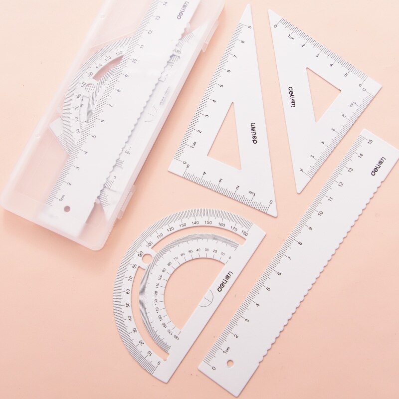 DELI Metal Ruler 20cm Set Stationery for Students Straightedge Triangle Ruler with Wave Line Protractor, Compass Triangle Plate: 15cm white