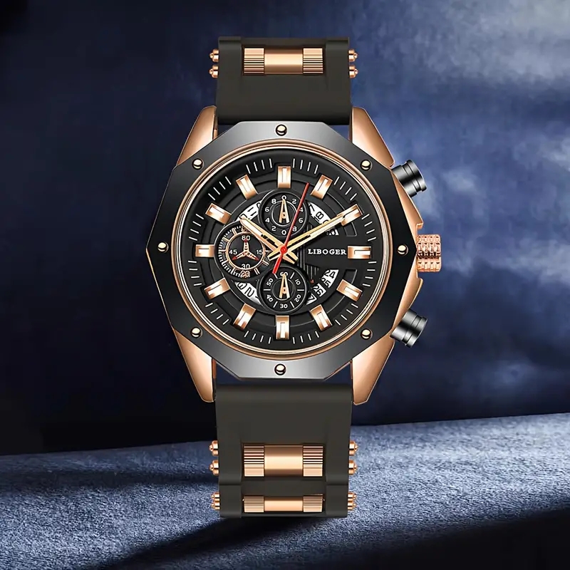 Heren sporthorloge mode siliconen band quartz horloges met datumkalender: Coffee