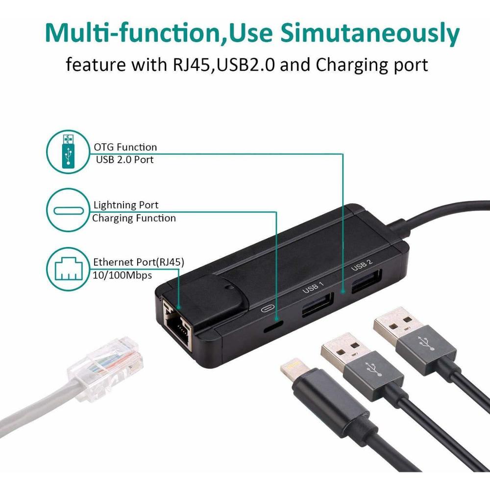 Lyn til ethernet 100 mbps  rj45 kablet nettverk ios 14 to lan nettverkskontakt 4 in1 otg usb -adapter for iphone ipad converter