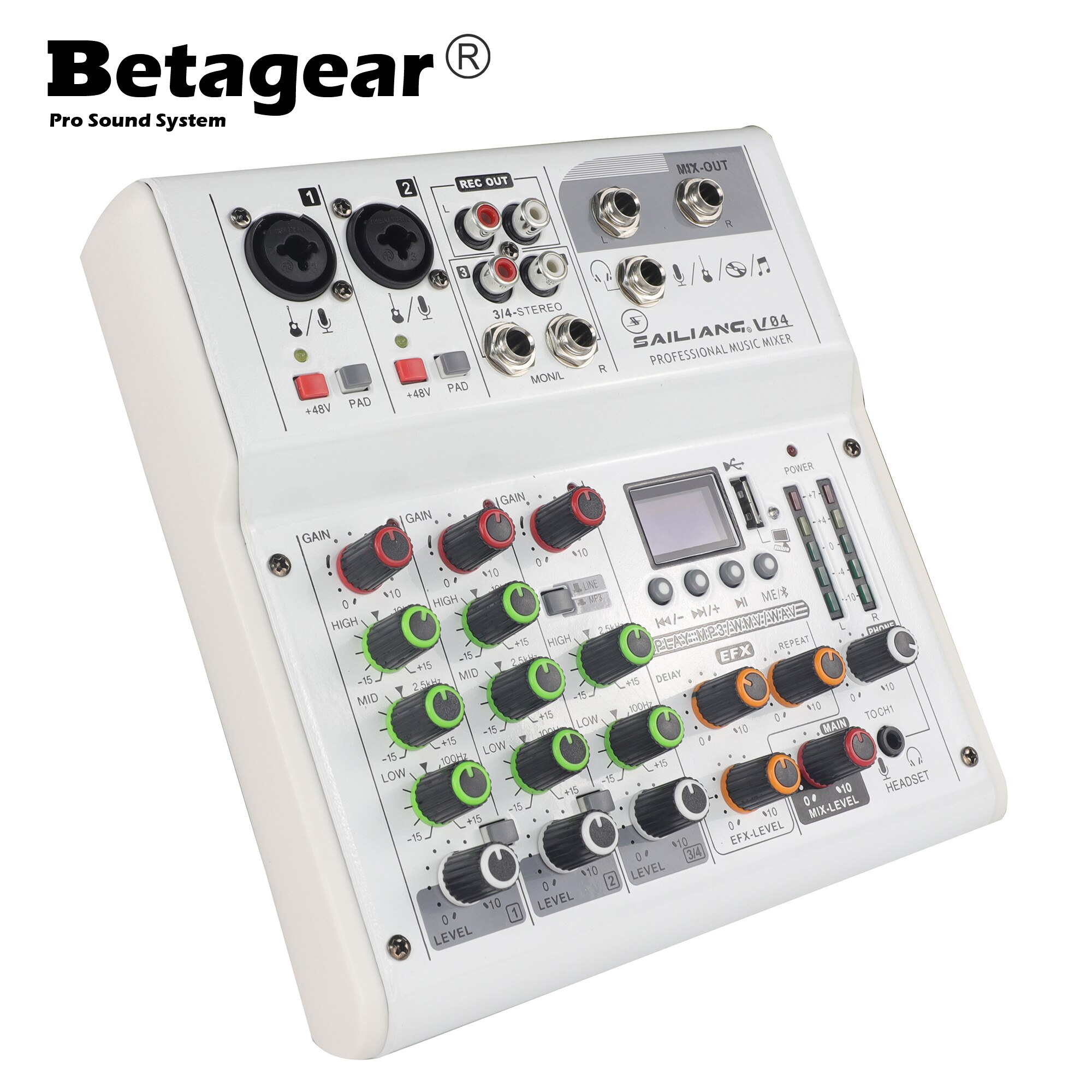 V04 Mini Usb Audio Video Dj Mixer Console Met Bluetooth Computer Afspelen 48V Phantom Power Vertraging Repaeat Effect