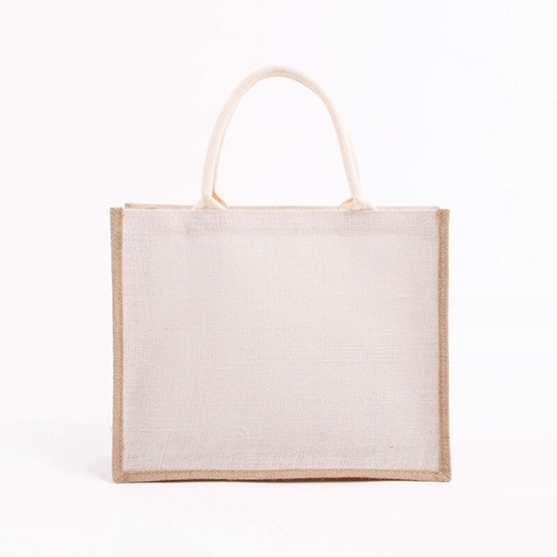 Sac de courses en Jute réutilisable unisexe, sac d'épicerie en toile de Jute grande capacité, sac à main fourre-tout pour plage pique-nique: White Large