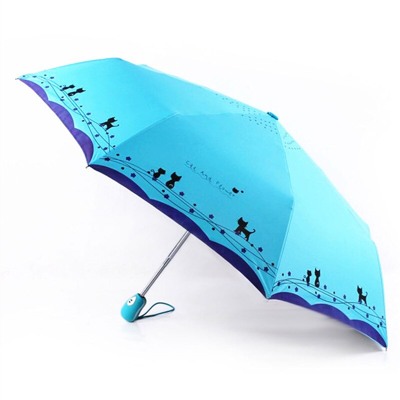 Oprindelige søde kat automatisk regn parasol kvinder bærbar vandtæt parasol vindtæt foldbar paraply: Himmelblå