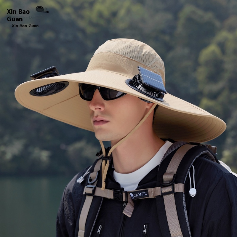 Sombrero de verano con doble ventilador con energía solar para senderismo al aire libre, pesca, sombrero con sombrilla, sombrero de pescador impermeable de secado rápido con alero grande