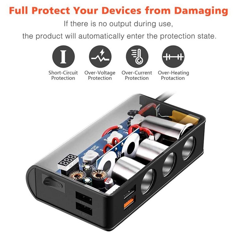 4 cargadores de coche USB, 180W de alta potencia Qc 3,0 interruptor independiente cargador de coche 3 en 1 Adaptador de coche