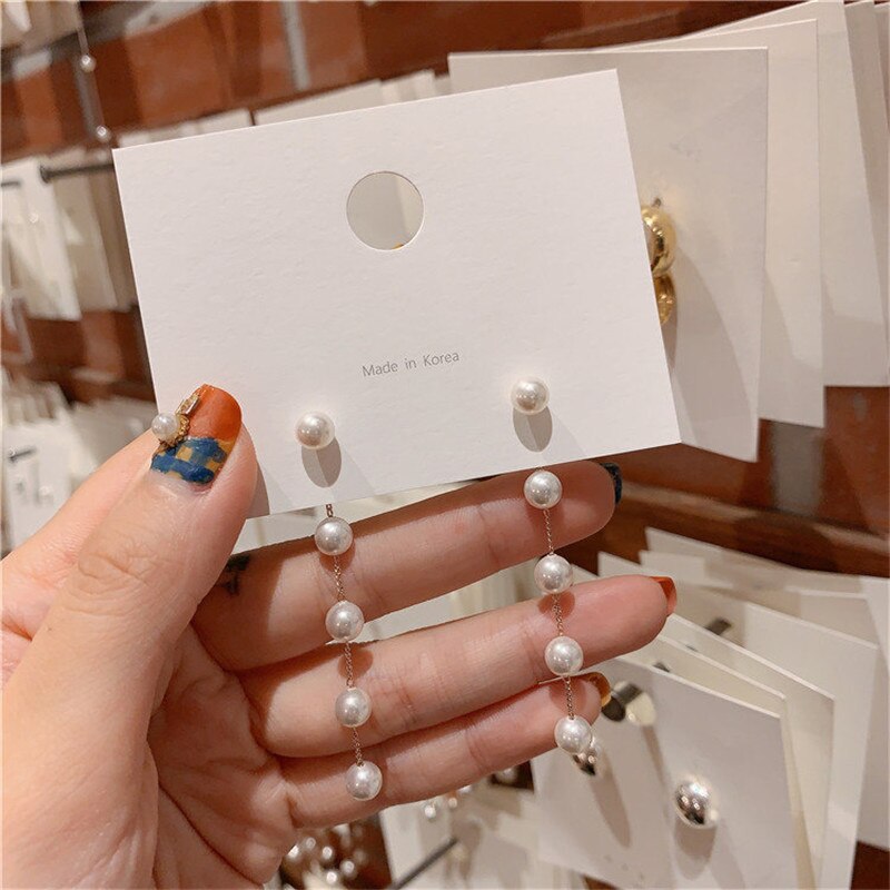 Pendientes largos de perlas de imitación para mujer, pendientes colgantes de perla redonda blanca para boda, joyería de coreana
