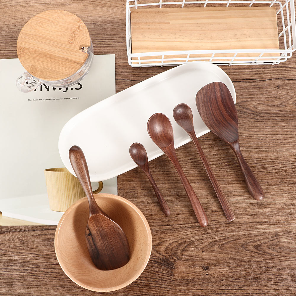 Black Walnut Coffee Honey Spoons Wooden Japanese Style Stir Long Scoop Large Soup Rice Spoon Kitchen Tableware Kitchen Supplies