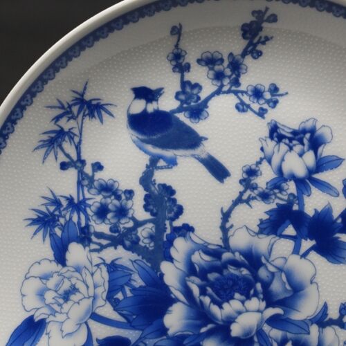 Chinese Blue and white Porcelain painted Peony Swallow Plate w Qianlong Mark