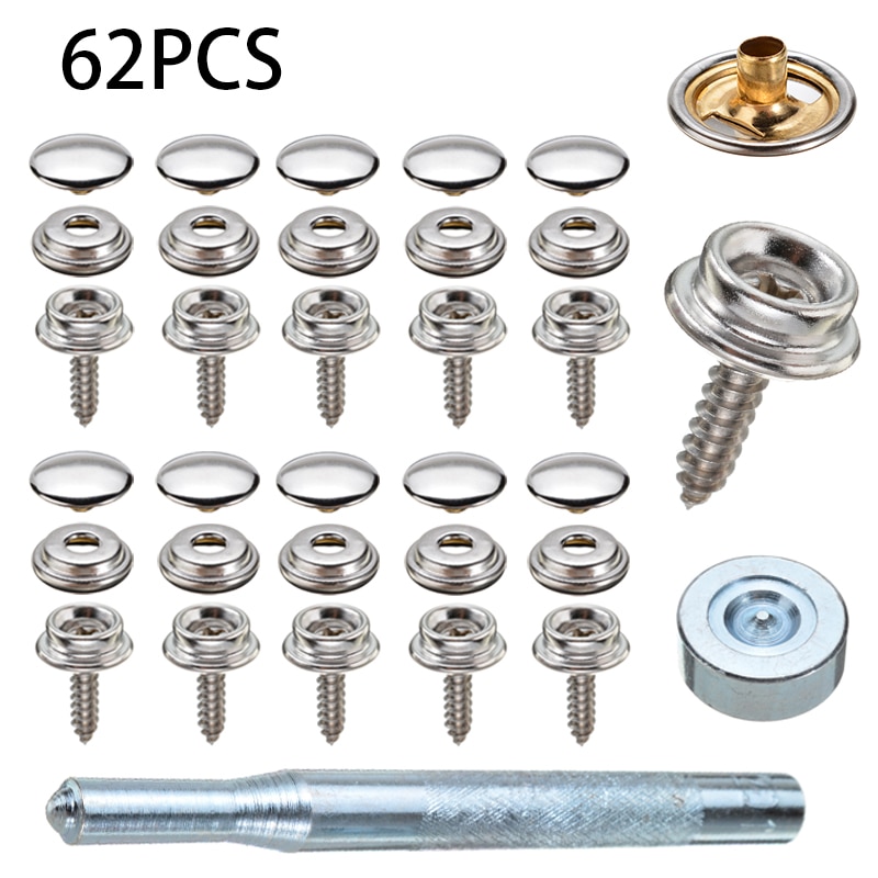 62pcs Stainless Steel Canvas Screw Snap Fasteners Press Stud Canvas Screw Snap Kit Boat Cover For Leather Jackets Handbags