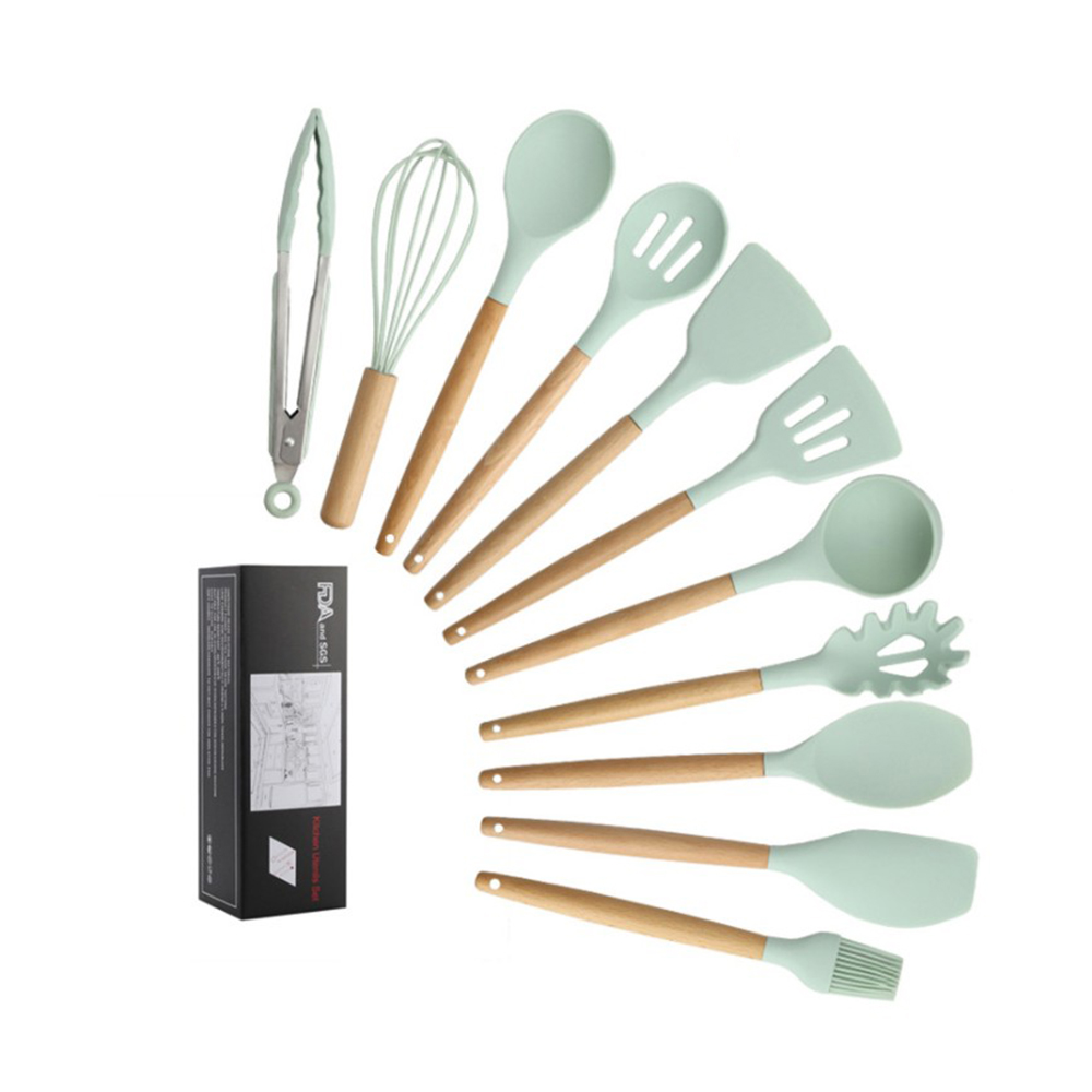 11pcs Silicone Cooking Utensils Set ,Pink Solid Wood Handle With Storage Box, Kitchenware Kit Kitchen Tools Accessories: Green without box