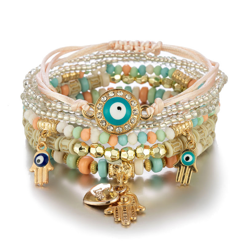 conjunto de pulsera con borlas de mal de ojo para mujer, abalorio de mano de Fátima de cristal, brazalete de cadena con cuentas de piedra, de joyería bohemia para mujer: Verde Dragonly