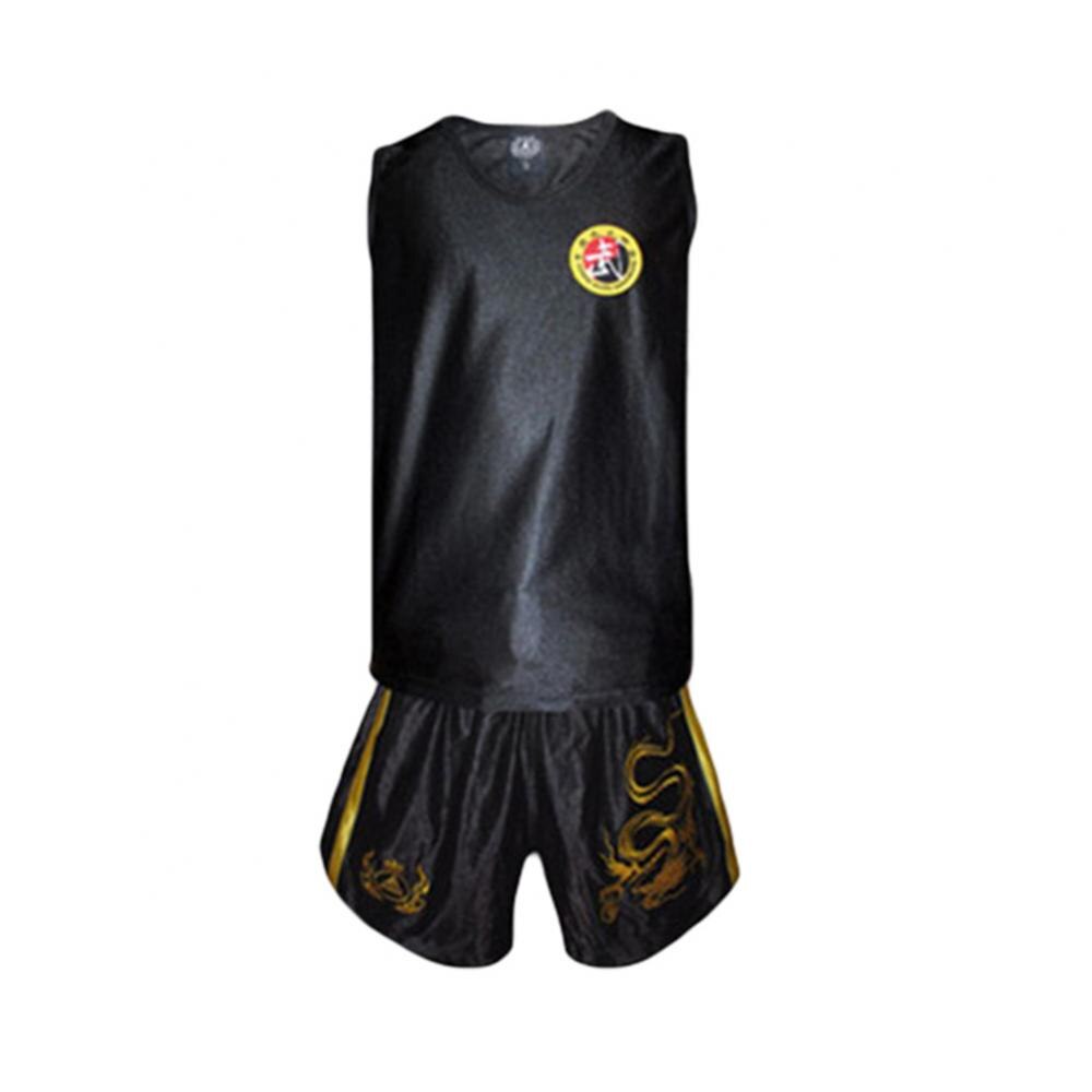 Dragon Pattern Taekwondo Boxing Muay Thai Unisex Sleeveless Top Shorts Set: Black / L