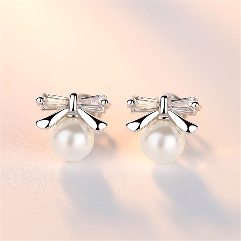 Fashionable Silver Jewelry Female Stud Earrings Luxury Cubic Zirconia Pearl Earrings Bow Tie Sweet and Simple Trinkets 6MM