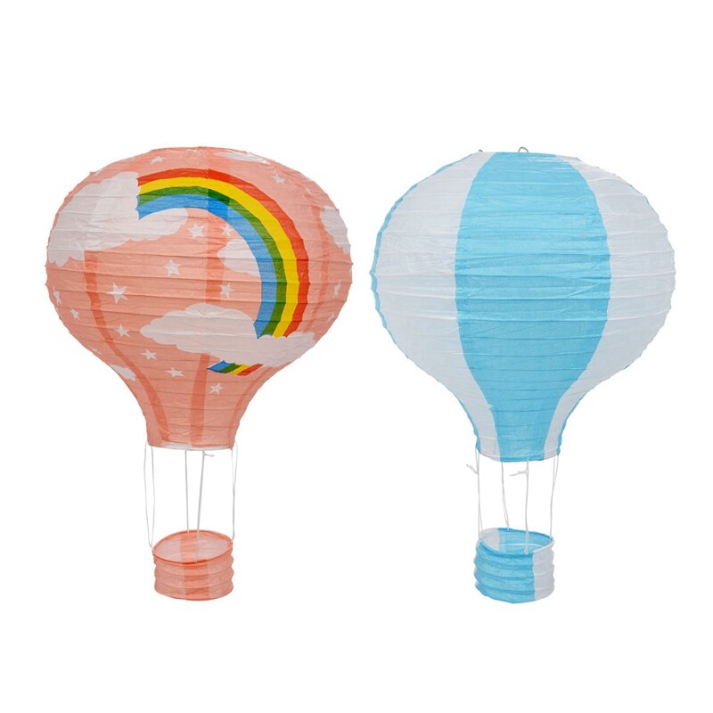 2Pcs 12Inch Air Balloon Paper Lantern Lampshade Ceiling Light Wedding Party Decor - Blue Stripes &amp; Pink Rainbow