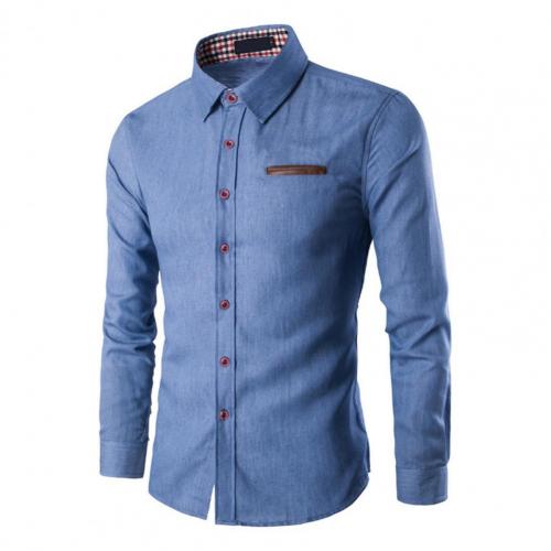 Men Solid Color Long Sleeve Jeans Shirts Breathable Casual Denim Top for Work: Light Blue / 3XL