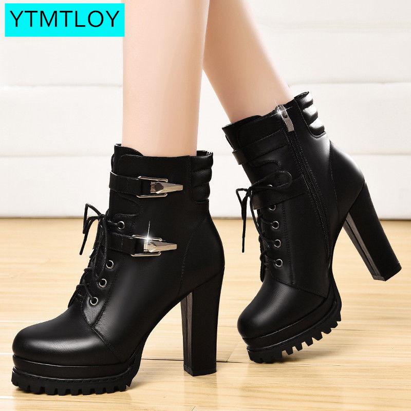 Ankle Boots Women Platform High Heels Female Lace Up Women's Shoes Buckle Woman Short Boot Ladies Footwear Leather Boots Women