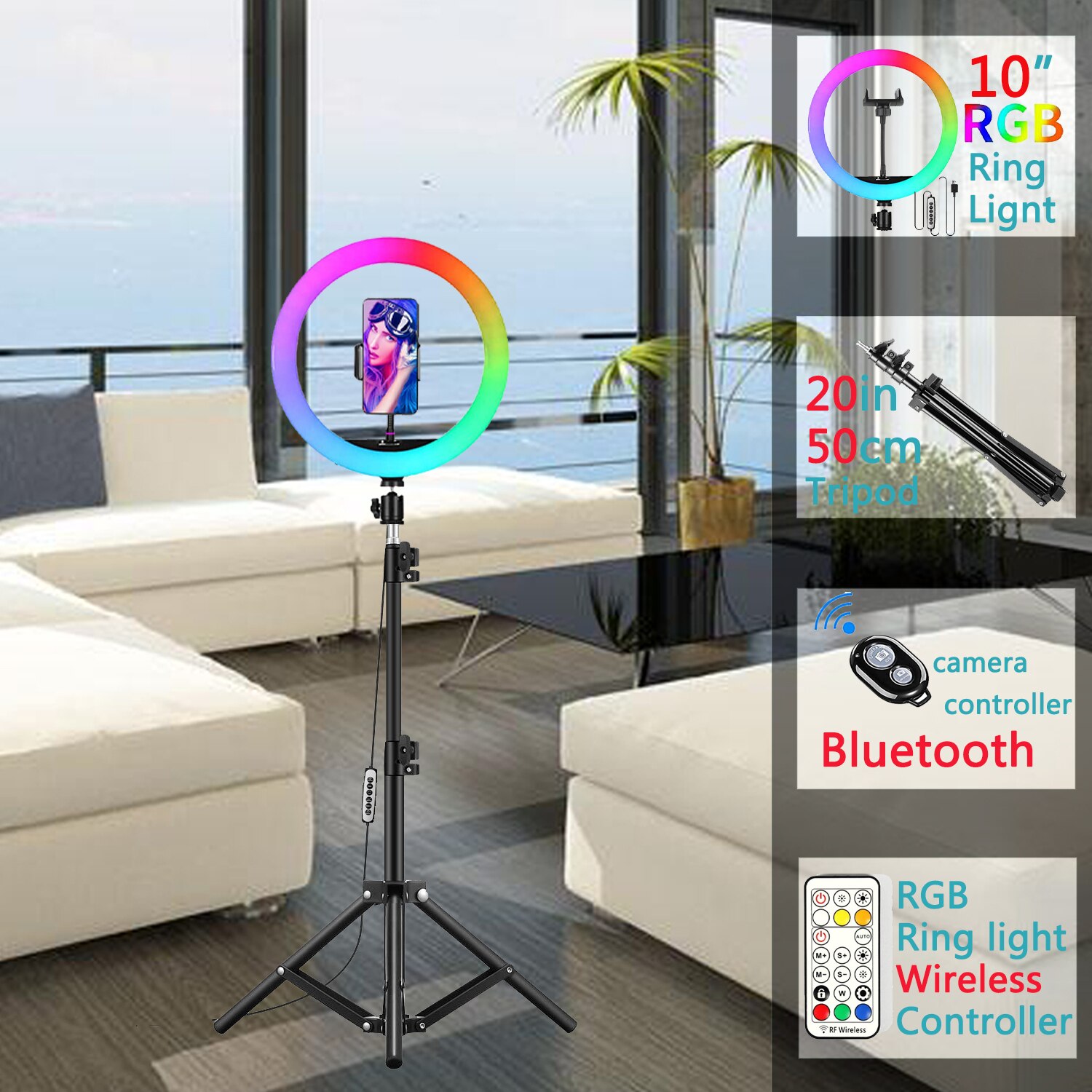 10in RGB LED Farbe Selfie Ring Licht Fotografie RingLight Stativ Telefon Ständer Halter Kreis Füllen Licht Lampe Trepied Make-Up: 50cm Desktop Tripod