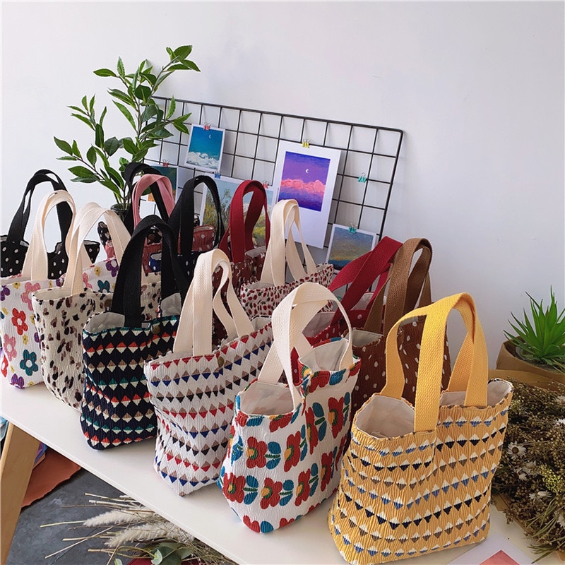 Hand-Held Mini Katoenen Boodschappentassen Vrouwen Handtassen Meisje Vintage Canvas Casual Tote Casual Schoudertas Hasp Lunch Emmer tas