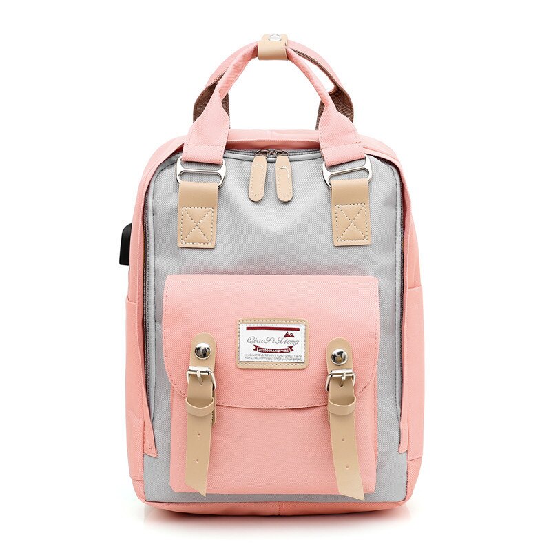 USB Backpack Women Shoulder Bag Female Laptop Backpacks For School Teenagers Girl Preppy Style Student Travel Backpack: Pink And Gray