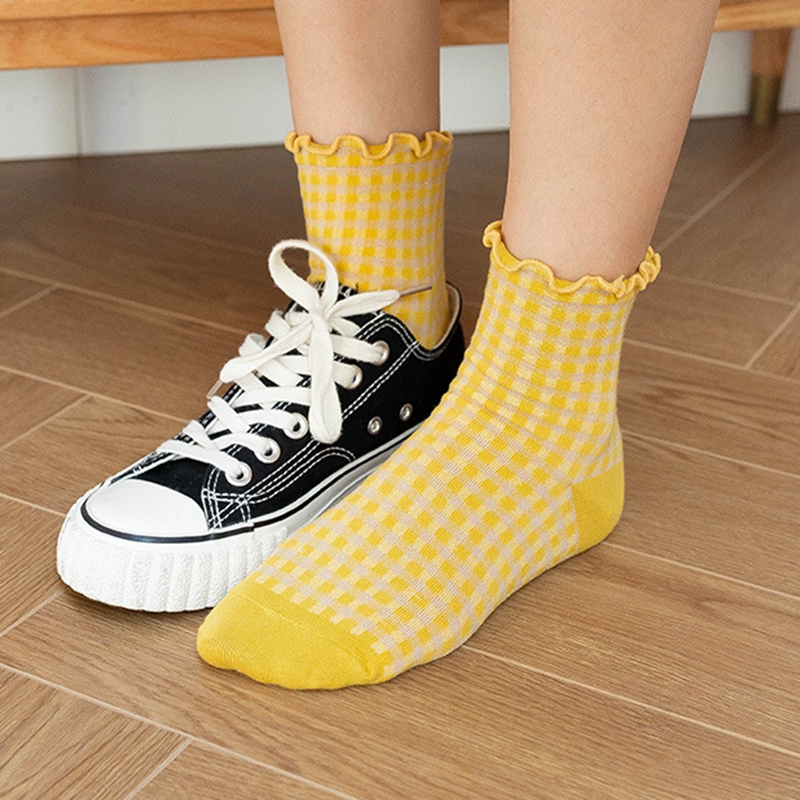 Calcetines de mujer de otoño a cuadros Retro Vintage calcetines de algodón equipo cómodo Color calcetín elástico a cuadros calcetines cortos Mujer Sox