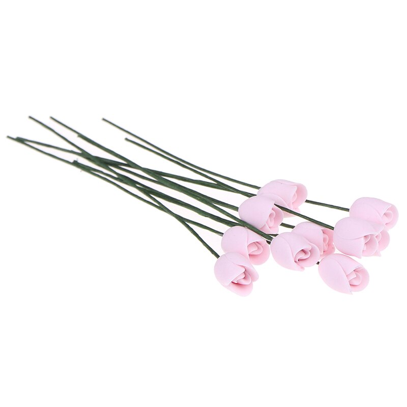 10pcs/set 1:12 Dollhouse Miniature Clay Tulip Ornament Flower Doll House Accessories: Pink