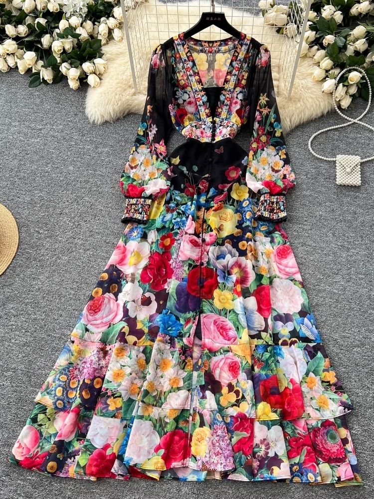 Summer Gorgeous Floral Dress Women's Long Sleeve Ruffles V Neck Flower Print Buttons Chiffon Bohemain Robe Vestidos: XL / black
