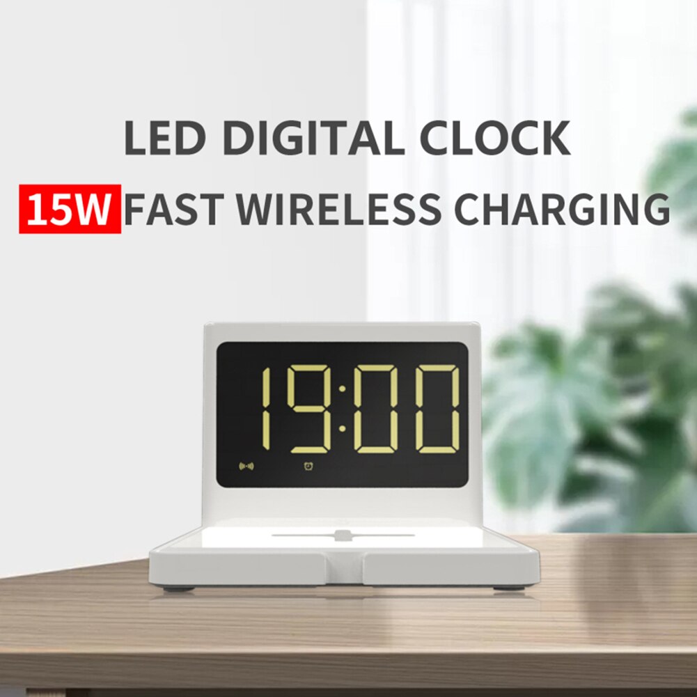 3 In 1 Alarm Clock Multifunction Alarm Clock 15W Mobile Phone Wireless Charger Fast Charging Desktop Digital Alarm Clocks White
