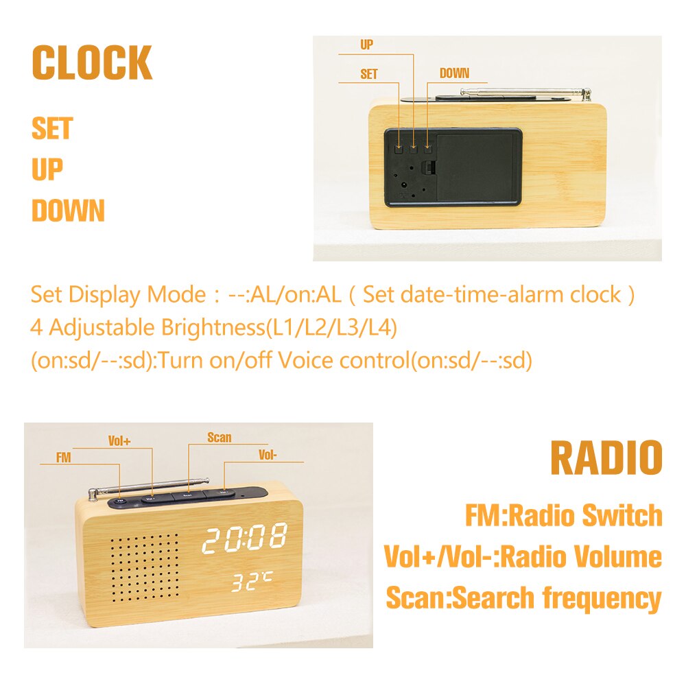 Xiaokoa FM Radio Bamboo LED Electronic Display with LED Clock Desktop Micro Portable Radio Home Radio Mini Temperature Display