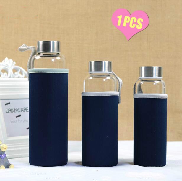 Water Bottle 360/420ml Cute Sport Glass Bottle with Bag Kawaii Eco Friendly Child Bottle Fitness Bike Travel Bottle for Water: 280ml / Deep Blue