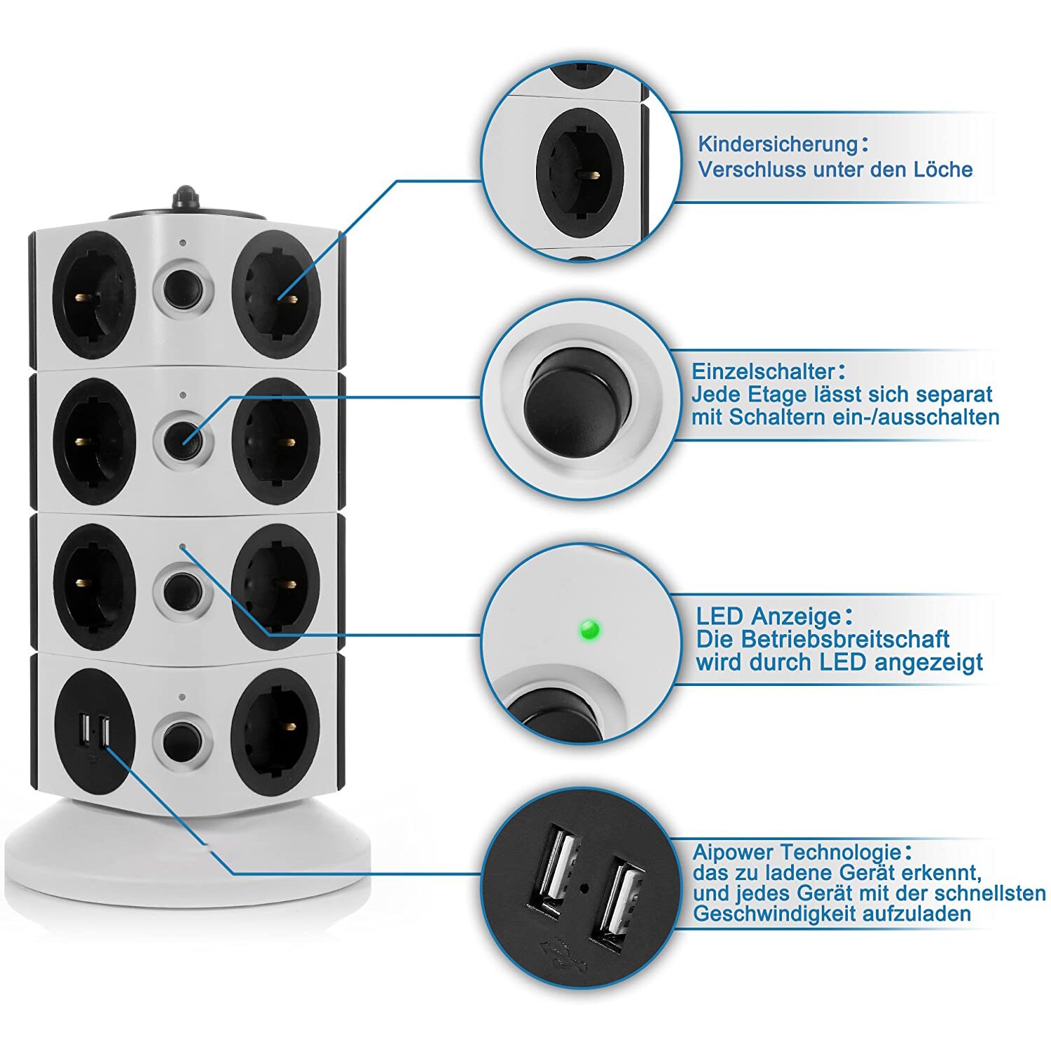 Power Strip Multiple Socket Distribution Connector 15 Way Outlets 2 USB Tower Surge Protection Individually Switchable 2500W 10A