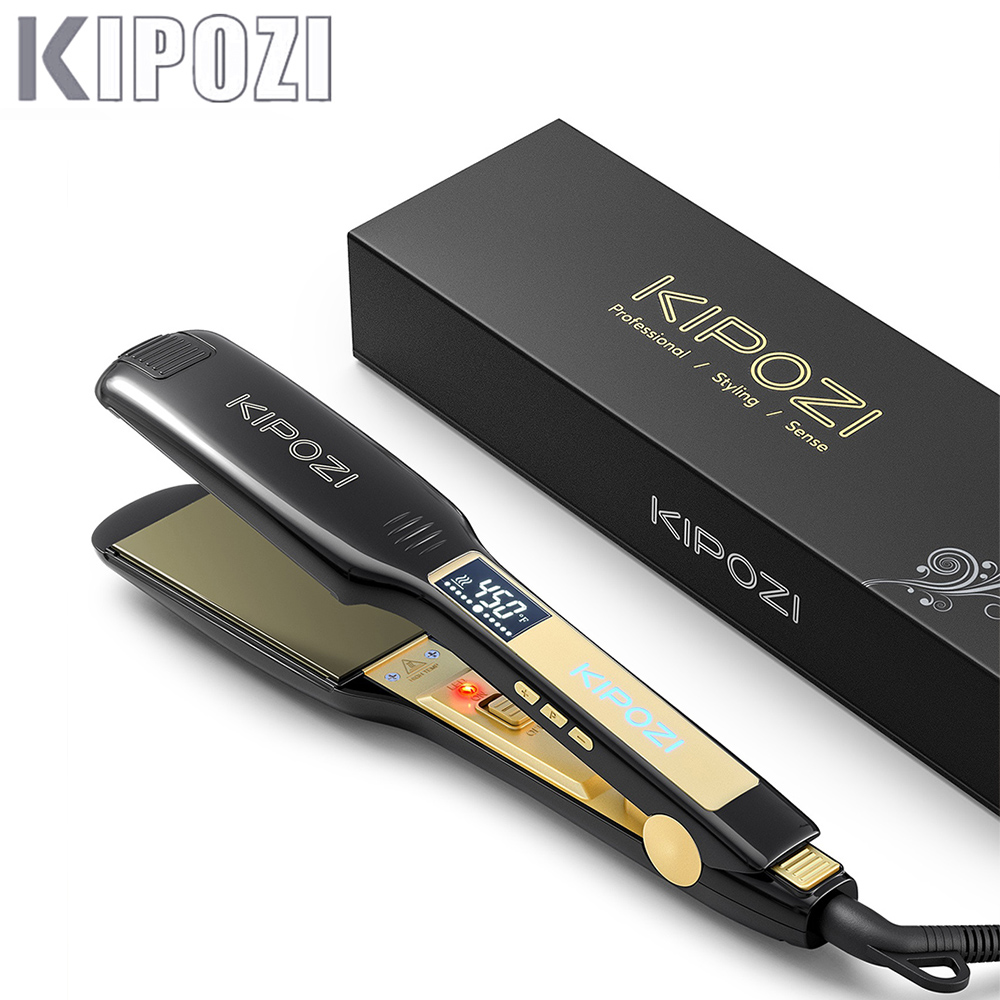 KIPOZI Titanium Flat Iron Hair Straightener with Digital LCD Display Dual Voltage Instant Heating Curling Iron