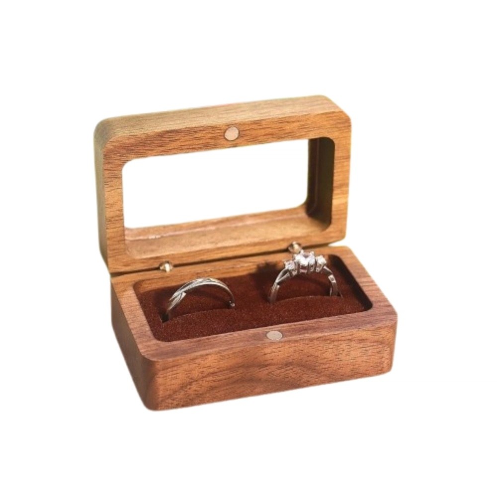 Caja de anillo de madera con doble ranura, ventana de apertura Rectangular, caja de gemelos de nogal negro, exquisito soporte para anillo de joyería a prueba de polvo: Rojo