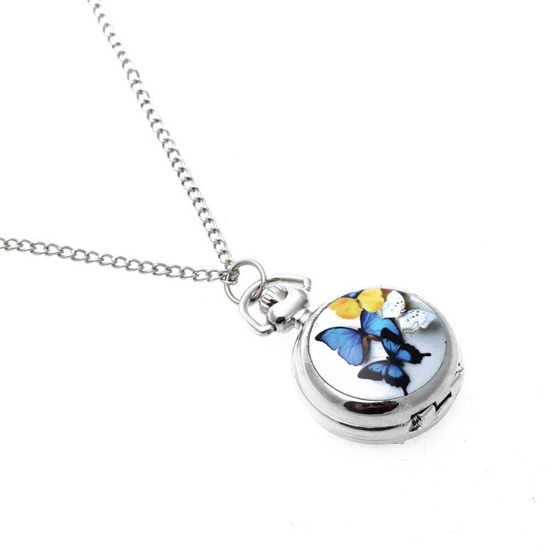 Lady Locket Pendant Quartz Pocket Watch Necklace Chain Vintage Butterfly [Watch]