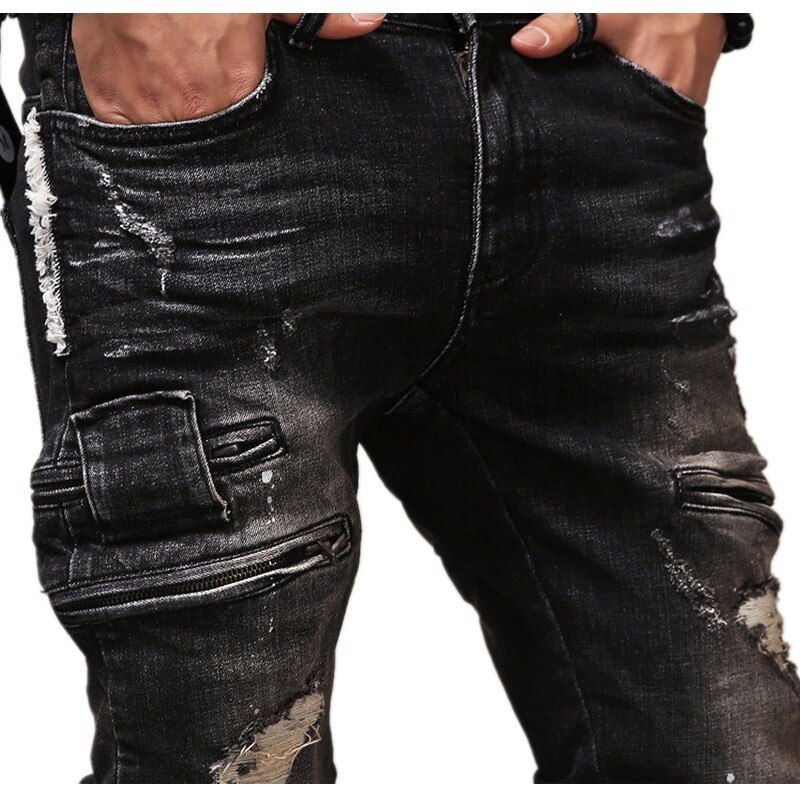 WEPBEL Hip Hop Rock Moto Jeans Mens Distressed Ripped Punk Skinny Stretch Denim Biker Jeans Male Straight Black Pants Plus Size: 32