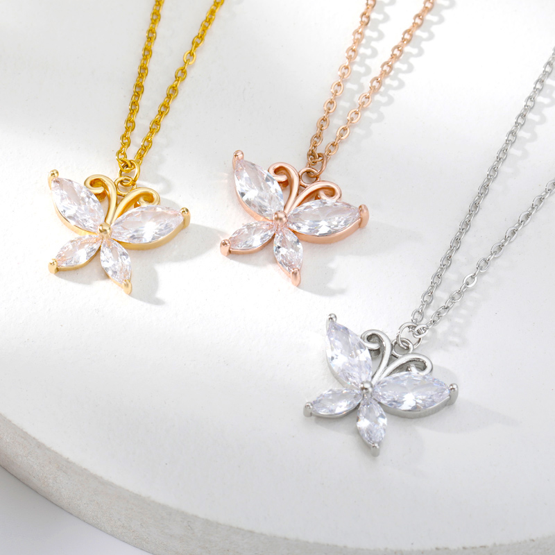 Cubic zircon butterfly necklaces for women, stainless steel gold butterfly pendant charm necklace, girls' birthday jewelry