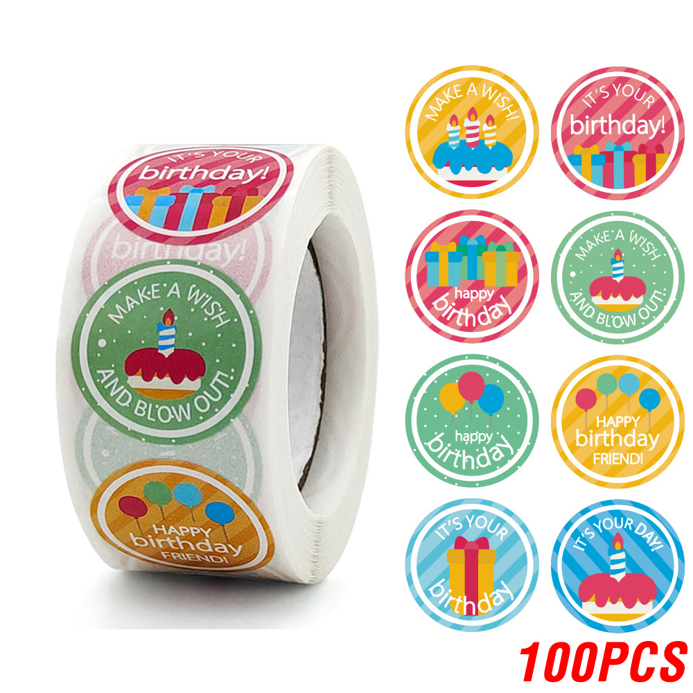 Pegatinas de feliz cumpleaños para niños, 100-500 piezas, 2,5 cm/1 pulgada, decoraciones de sellado, etiquetas para tarjetas de felicitación
